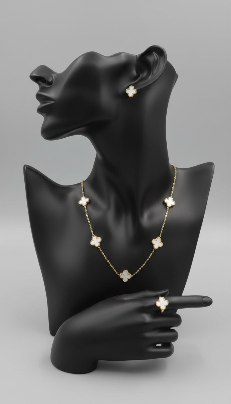 Parure trèfle nacré (collier, boucles, bague) /acier inoxydable