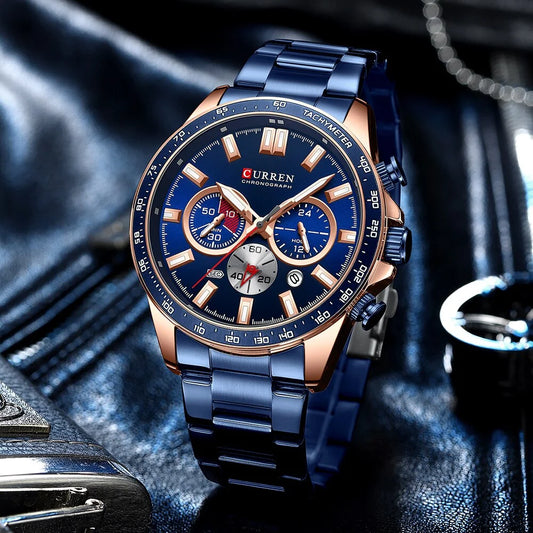 Montre chronographe à quartz classique pour homme CURREN original| Acier inoxydable | Date 24 heures sur 24 | Résistance à l'eau de 3 bars