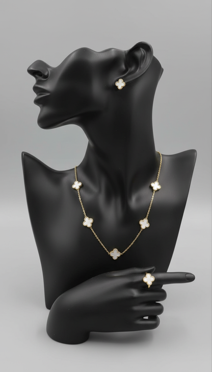 Parure trèfle nacré (collier, boucles, bague)﻿ /acier inoxydable